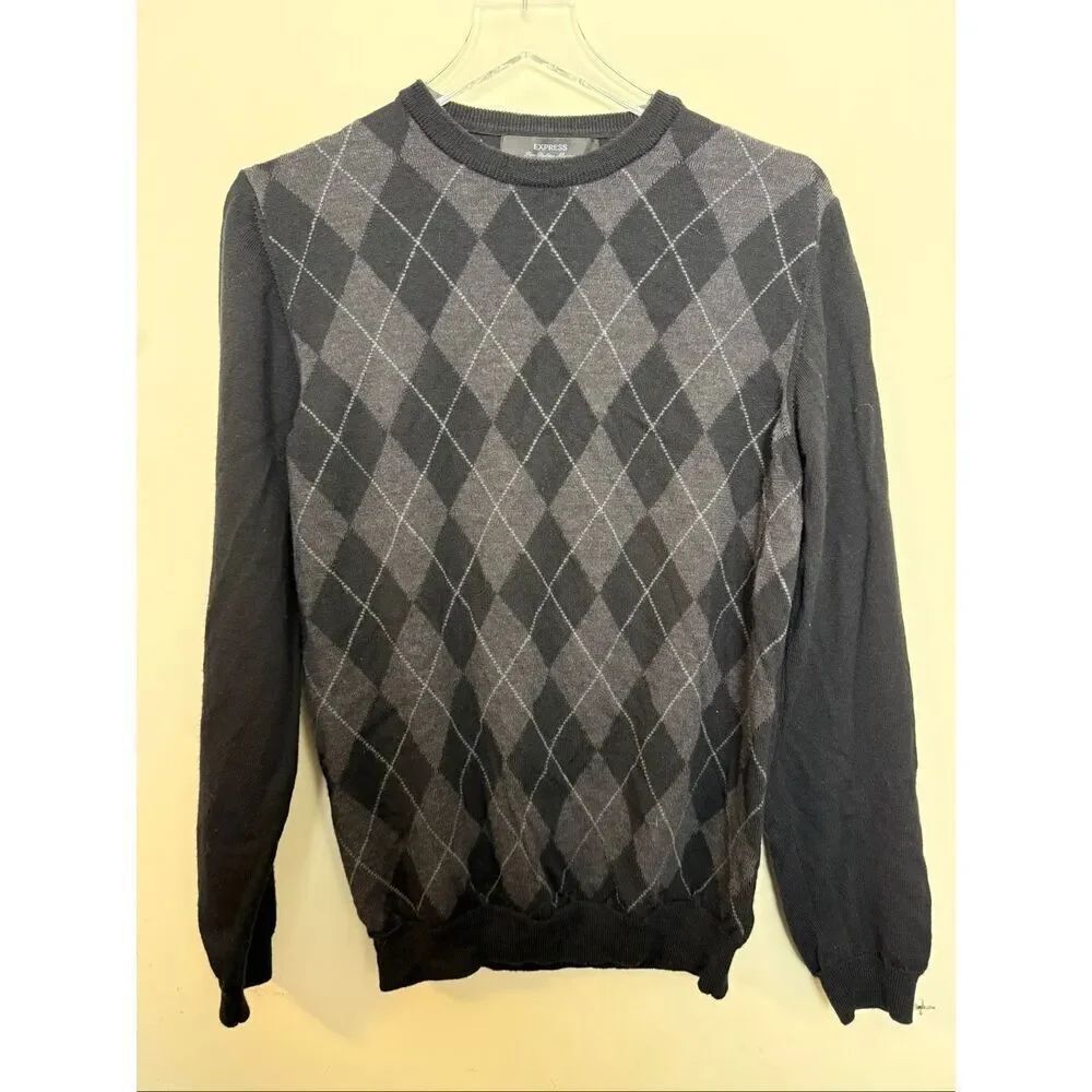 Express Mens Argyle 100% Wool Sweater Crewneck Small Preppy Academia